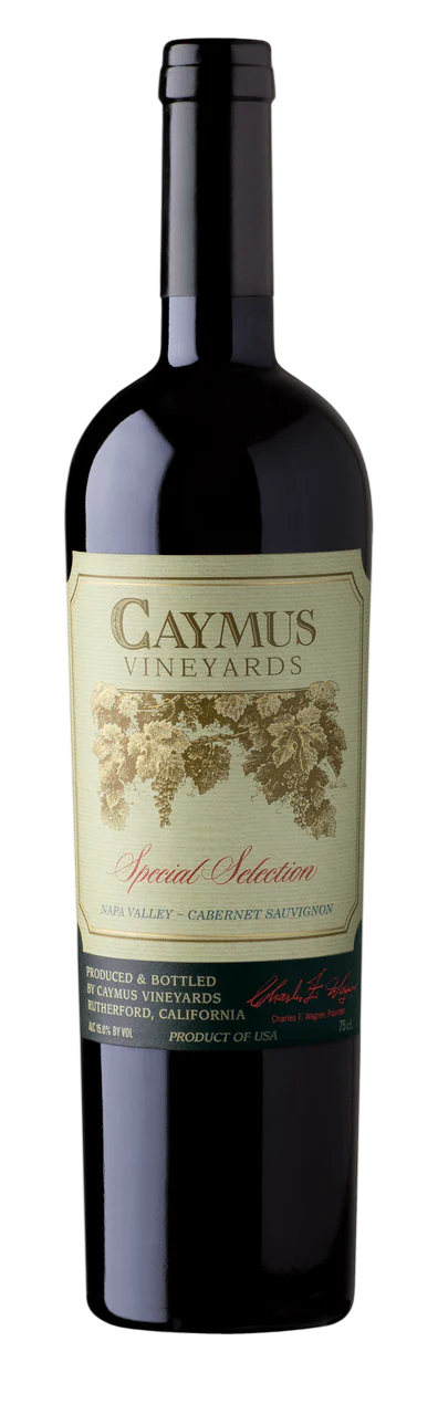 Best prices for Caymus wines — Caymus Special Selection Cabernet Sauvignon 2020 750ml bottle, deep burgundy label with gold script, Napa Valley's twice-crowned Wine Spectator Wine of the Year at Casedrops